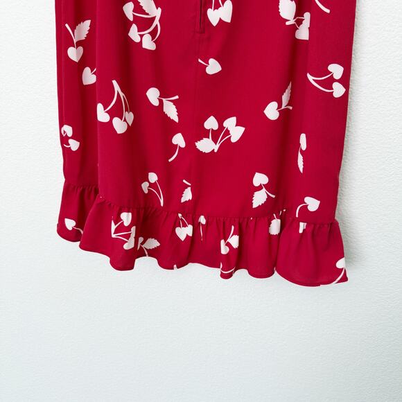 [ModCloth] It's A Wrap Red Cherry Heart Print Ruffle Faux Wrap Midi Skirt Sz 12 - Picture 7 of 11